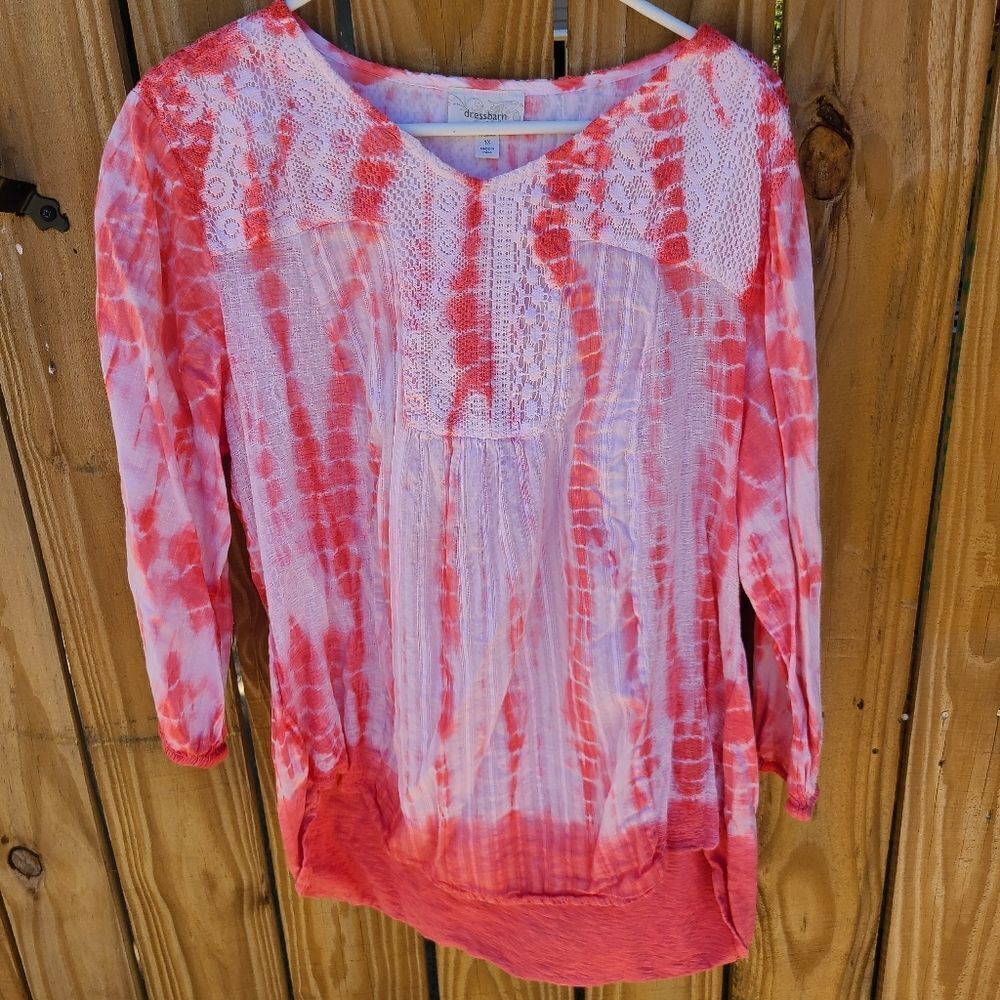 Dress Barn Pink Tie Dye Crochet Lace Neckline High Low Blouse Women's Plus 1X